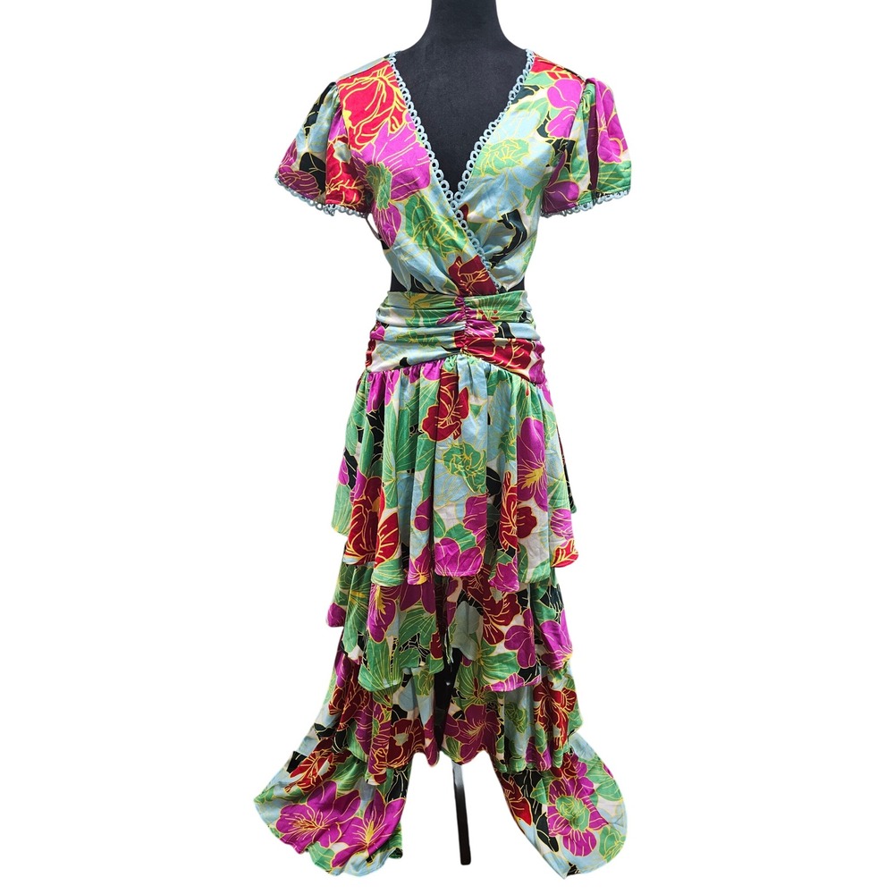 NEW Boohoo Ruffle Tiered Cut Out Maxi Dress Womens Size 12 Green Floral Romantic
